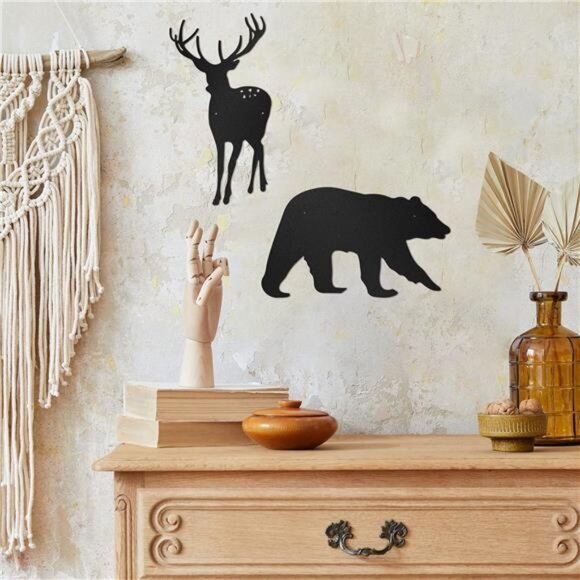 6-Piece Rustic Metal Wall Art Set - Deer, Bear, Pine Tree Forest Decor (Black) - Picture 5 of 8